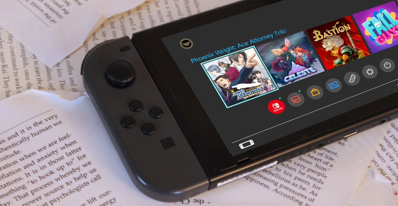 Nintendo Switch console displaying the video game Phoenix Wright: Ace Attorney Trilogy. Other games are seen in the background.