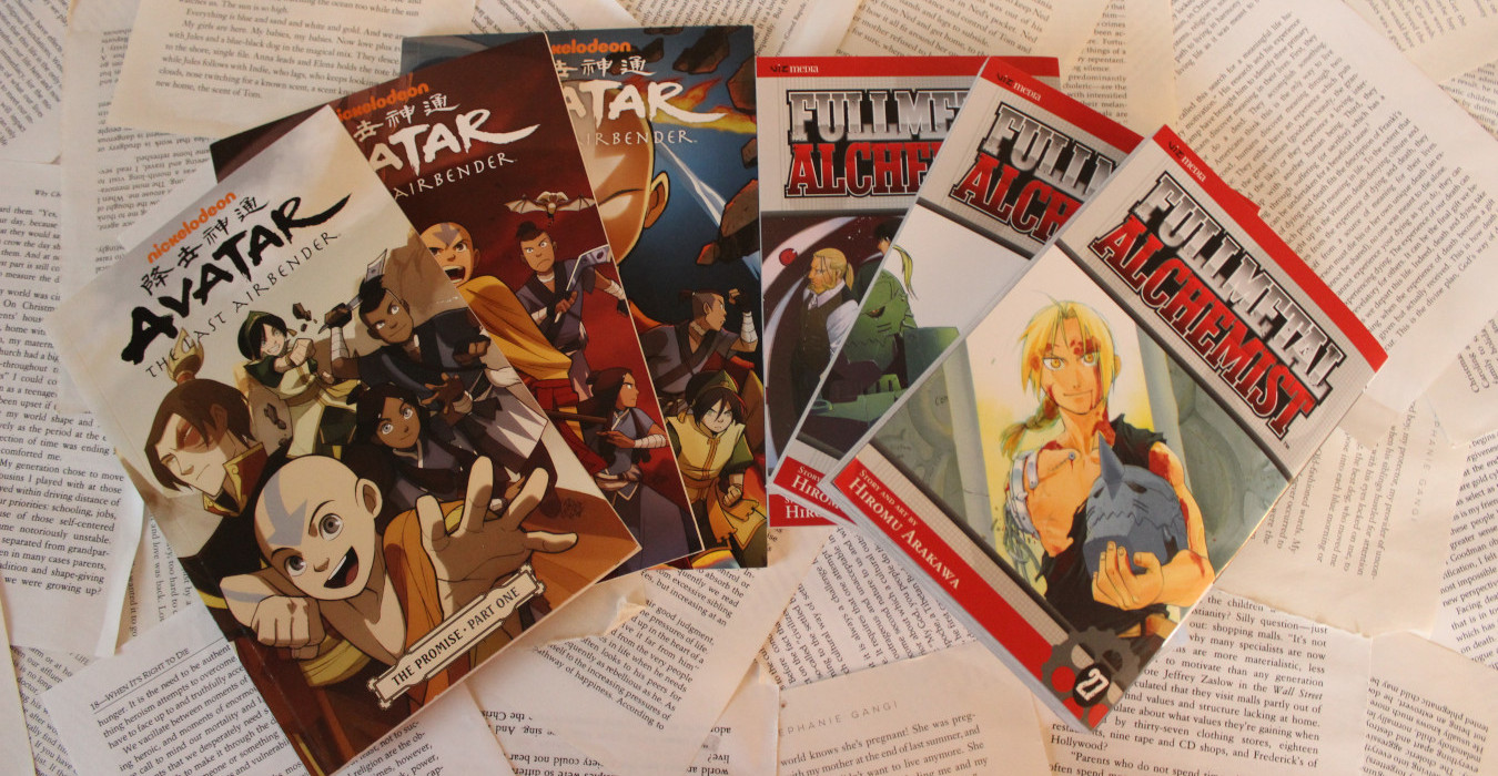 A spread showing three comics from the Avatar: The Last Airbender series and three volumes from the manga Fullmetal Alchemist. The 6 books are aranged in an arc shape with the covers facing up.